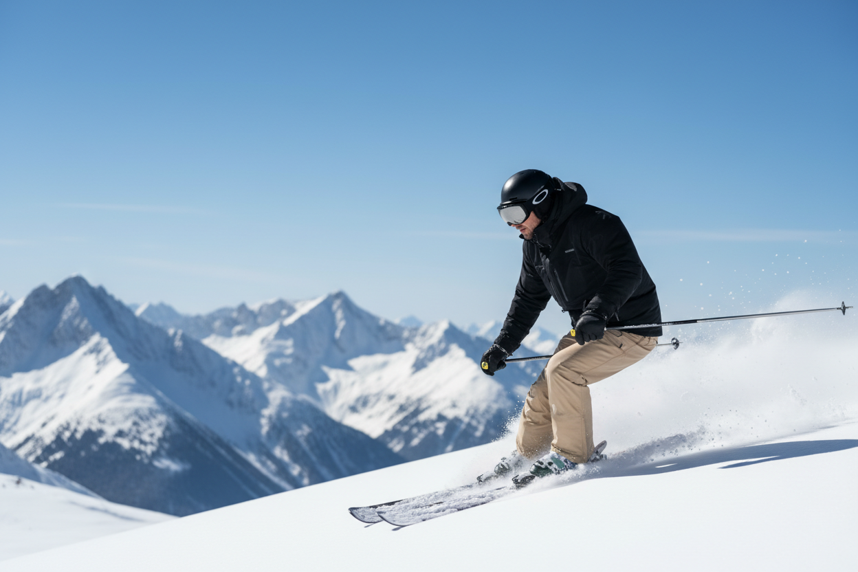 i need a picture of a ski instructor skiing very well with a full black jacket and silk beige pants 