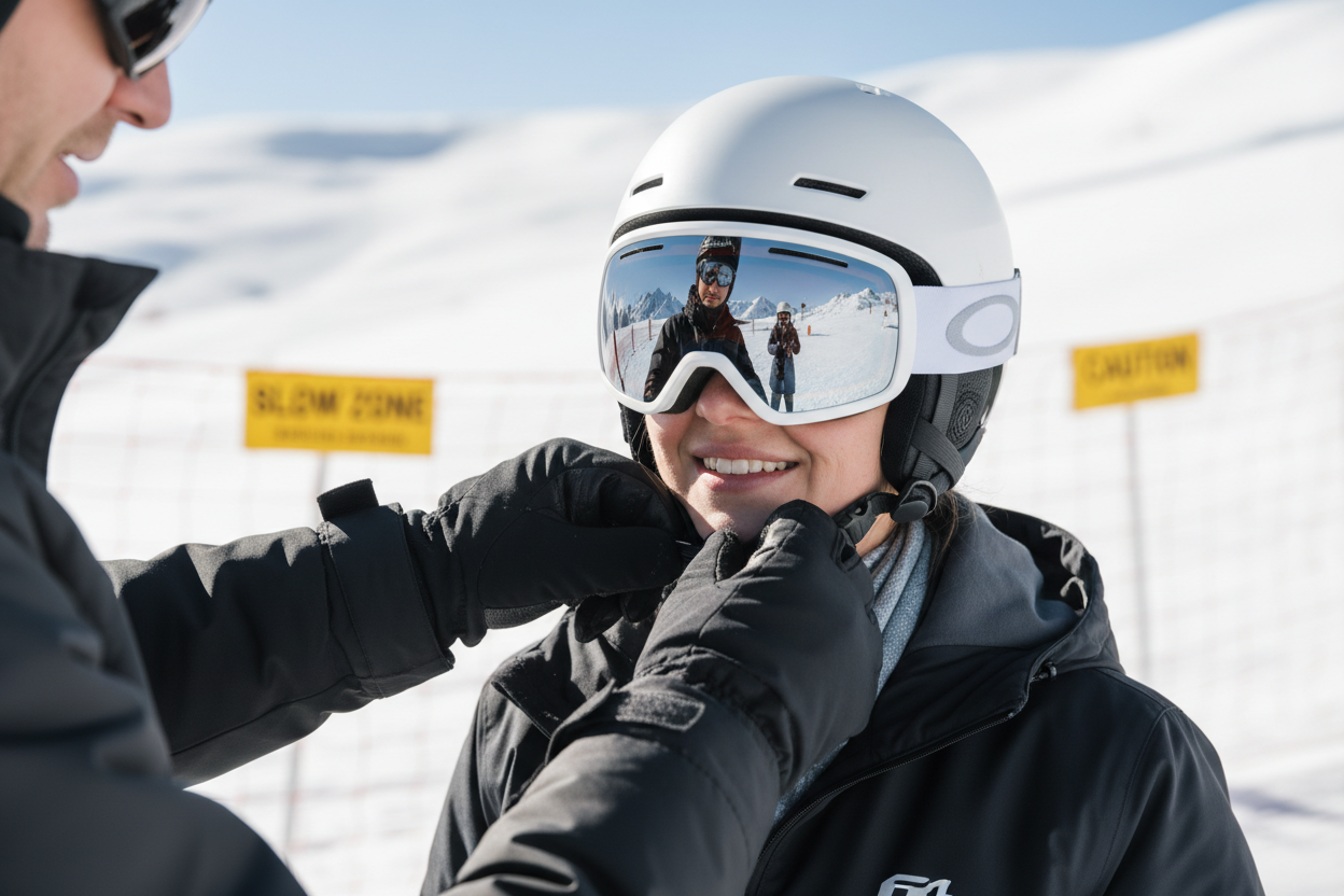 Maestro che regola il casco/maschera a un’allieva, sullo sfondo piste e cartelli di sicurezza. Dettaglio mani/attrezzatura → sicurezza come gesto concreto.